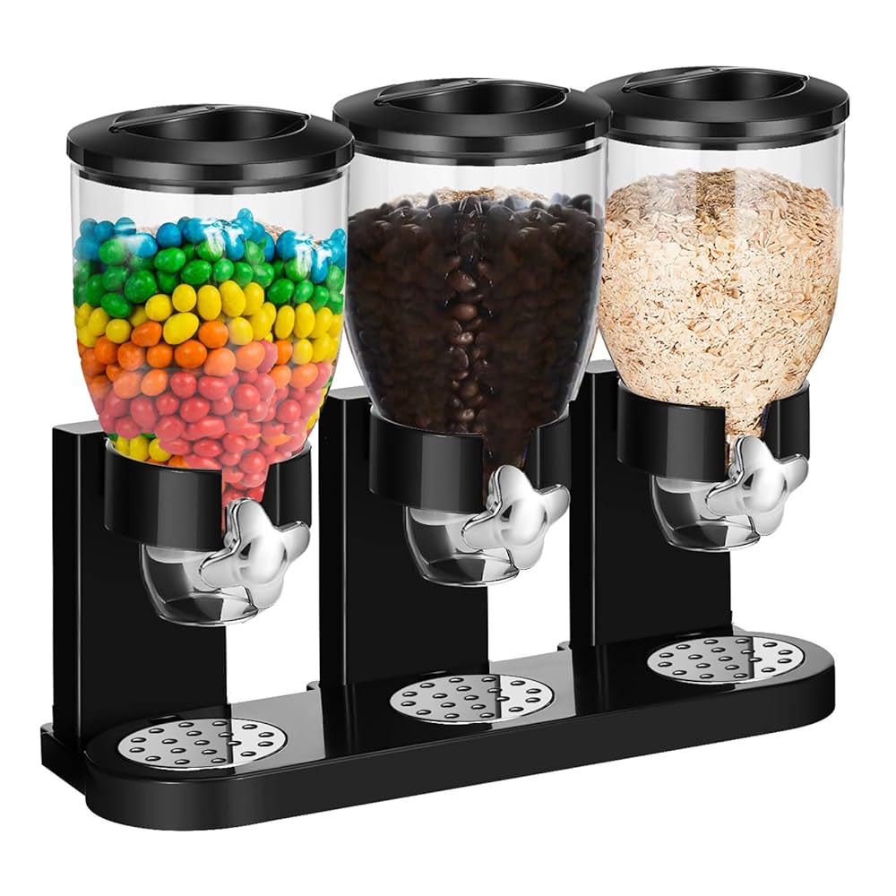Distributeur de céréales triple – Grand réservoir pour céréales, riz, snacks, fruits secs