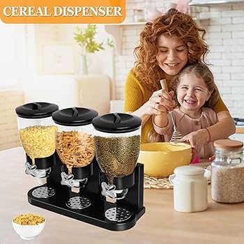 Distributeur de céréales triple – Grand réservoir pour céréales, riz, snacks, fruits secs