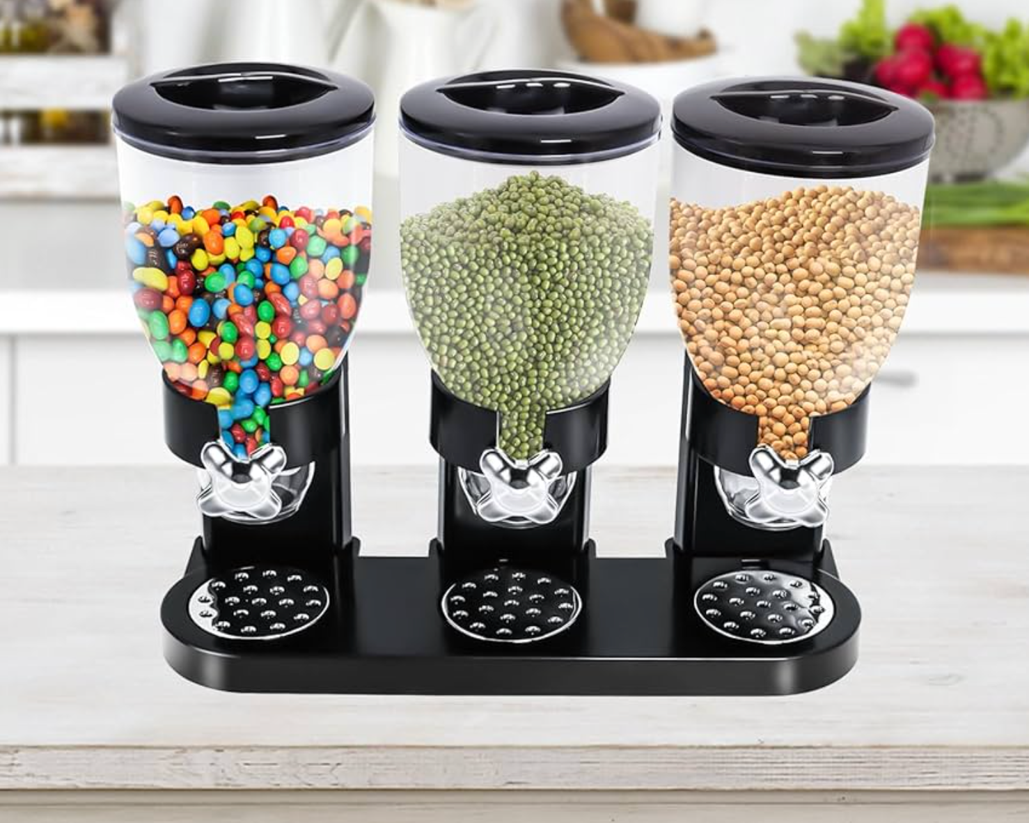 Distributeur de céréales triple – Grand réservoir pour céréales, riz, snacks, fruits secs